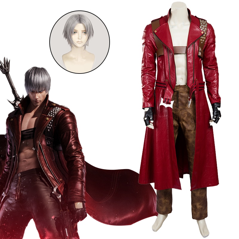 Devil Cos May Cry 3 Cosplay Costumes Dante Game Wig Red Long Poncho Jacket Set